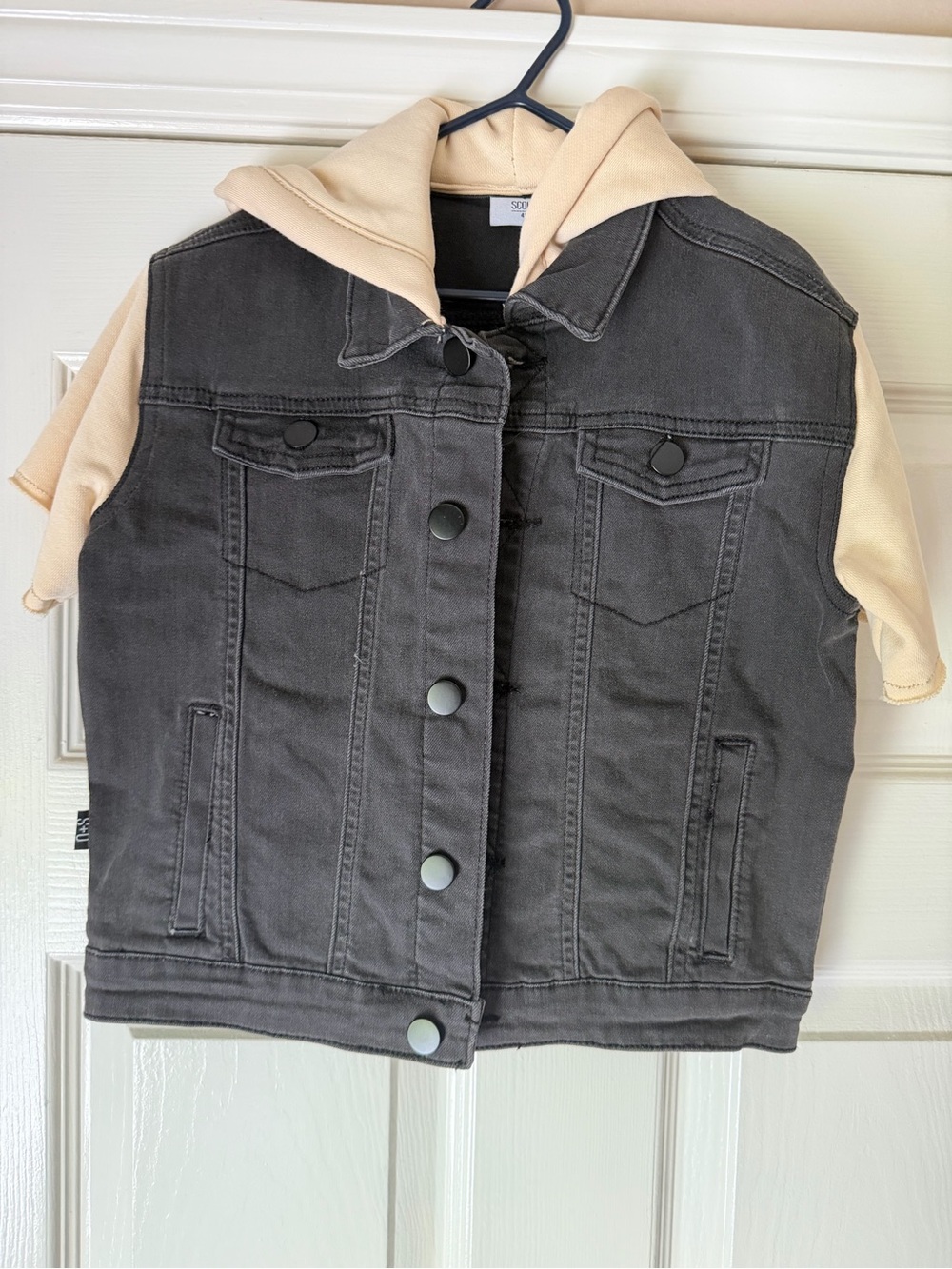 Kids Black Denim Button-Front Vest with Cream Hood